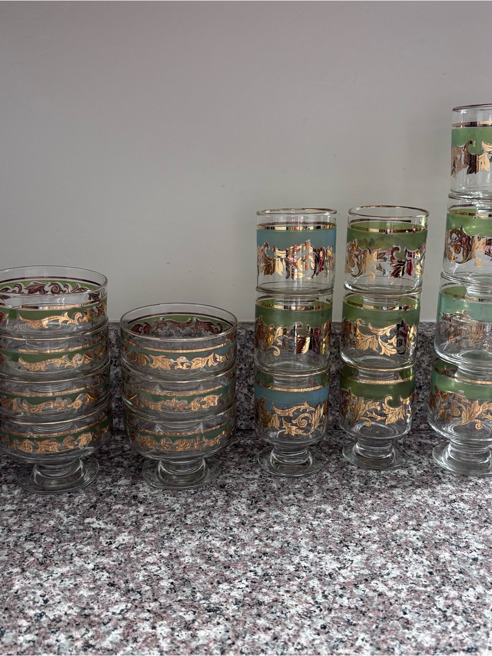 Vintage Mid Century Gold Green Footed Barware Glasses Drinkware MCM Set Of 17
